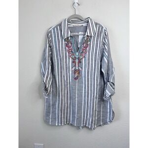 Soft Surroundings Brookhaven Striped Embroidered Tunic XL Cottagecore Coastal